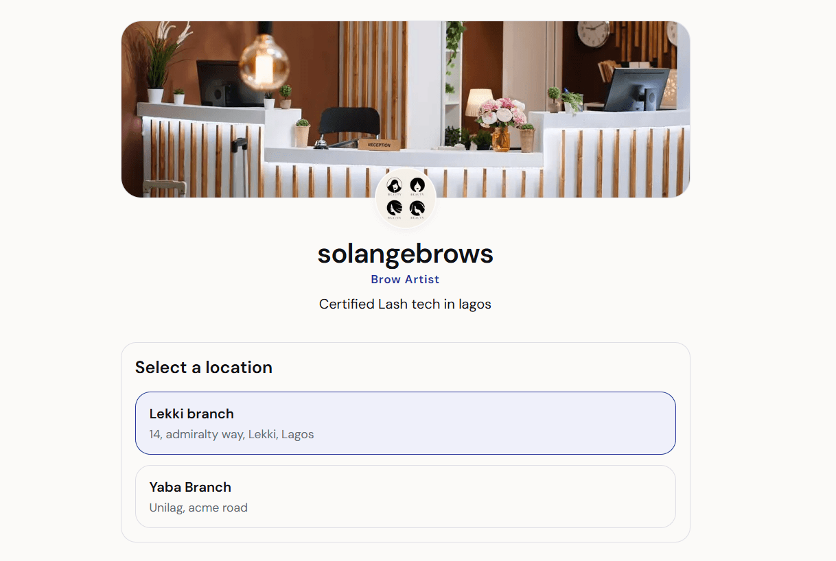 An Oreeva public booking page with a business cover photo, locations and booking options