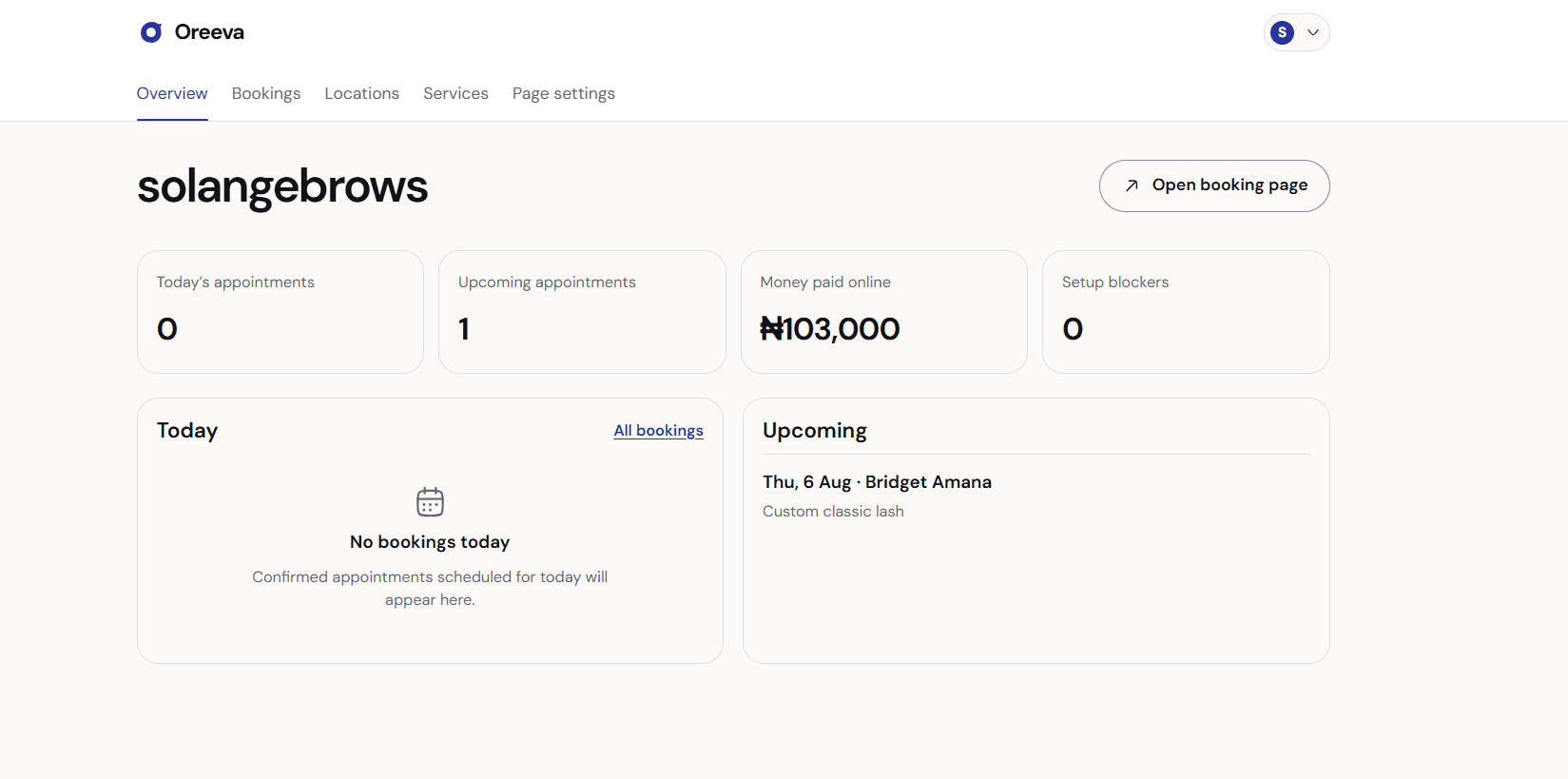 The Oreeva business overview showing appointments, online payments and upcoming bookings